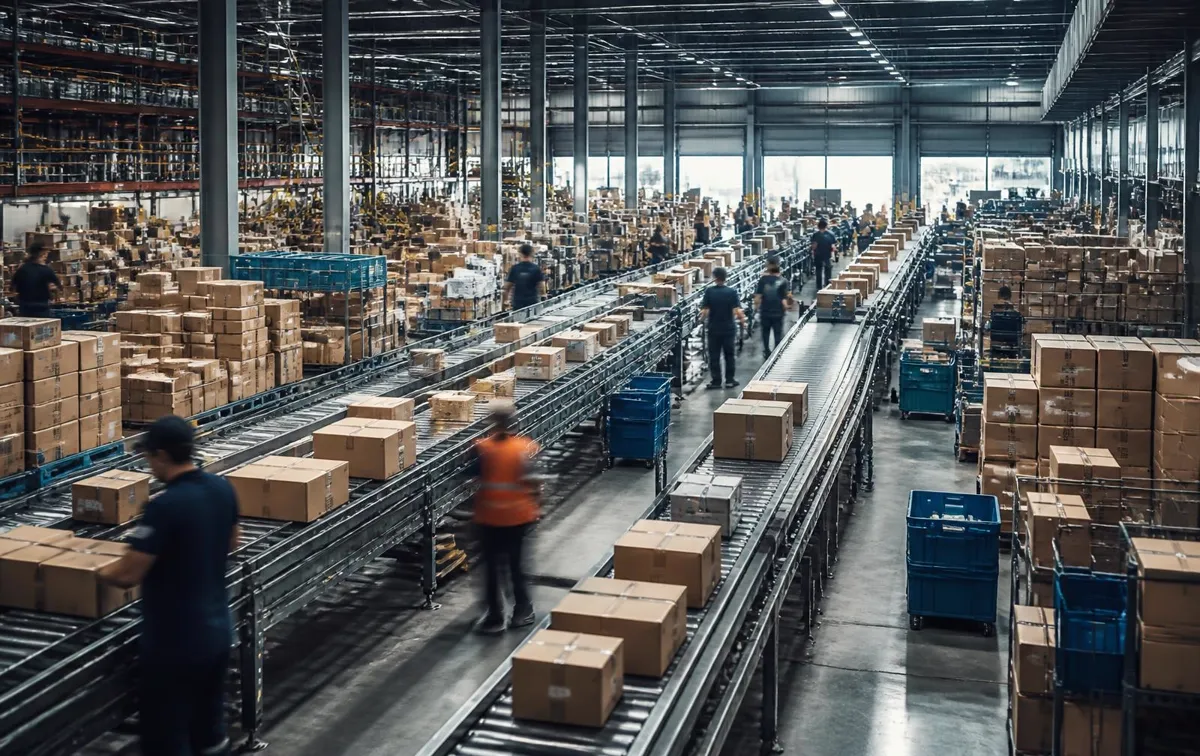 Distribution center conveyor lines and cartons moving during peak season volume